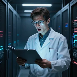 scientist is holding a folder, he is in shock, dark building of server room, neon light, the folder glows and lights up his face, professional lighting, 3 d digital modeling, movie scene, concept art, detailed art,