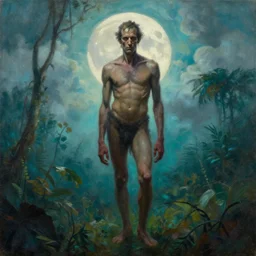 by frazetta , close up of realistic hunchback , full body backlight ,top light ,full body portrait ,highly textured oil painting ,jungle ,cyan graveyard  with backlight from the moon ,foggy background ,with  dramatic sky ,clouds and giant oversized moon and storm