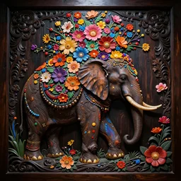 Painted dark-wood relief carving of a Flowerpunk Matriarch Elephant, explosion of colorful flowers, dark wood, intricately carved, black ink, festival of rich colors, intricate details, cinematic lighting, volumetric lighting, post-processing, by andreas rocha and john howe, and Martin Johnson Heade, featured on artstation, featured on behance, golden ratio, hyper detailed, photorealistic, epic composition, center spotlight, f32, well composed, UE5, 8k