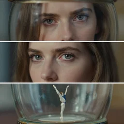 beautiful three point perspective film still of holly herndon in merce cunningham, extreme closeup portrait in style of frontiers in blade runner miniature photography fashion architectural art studio seinen manga edition, real - life porcelain statue in victorian glass jar, eye contact, anatomically correct, pointe pose, tilt shift background, sharp focus, panavision, 8 k, macro, cinematic style