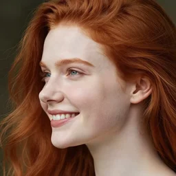 close up highly detailed portrait of a beautiful!!! smiling pale girl with flowing red hairs, sideview!!!, side view, beautiful eyes. by greg rutkowski and gaston bussiere and craig mullins and j. c. leyendecker, hd