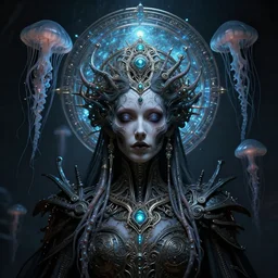queen of death. intricate portrait, occult cyberpunk, ancient futuristic, dark art, occult. intricate biomechanical bioluminescent halo, cybernetic jellyfish tentacles, by Petros Afshar, by artgerm, by Eddie Mendoza, by Peter mohrbacher by tooth wu, unreal engine, octane render, cinematic light, high details