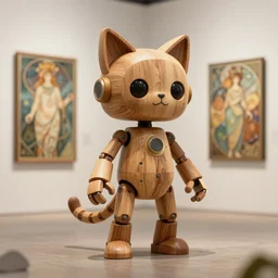 3D octane render ultra 8K photorealistic hyperdetailed unreal engine ,a wooden a very cute mystical robot of the bohemian with cat’s ears in a zen rebelle heroic pose ,concept art ,trending on cgsociety ,artwork masterpiece , in a contemporary art gallery in neo Paris by Alphonse Mucha
