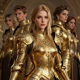 professional digital art of a hyper realistic and highly detailed beautiful woman in a beautiful complexe golden armor. girl's face is hyper realistic and highly detailed. greg rutkowski, zabrocki, karlkka, jayison devadas, intricate, trending on artstation, 8 k, unreal engine 5, pincushion lens effect