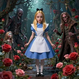 Alice in Wonderland,roses,highly detailed,cinematic,8k,by Stanley Artgermm,Tom Bagshaw,Greg Rutkowski,Carne Griffiths, Ayami Kojima, Beksinski, Giger,trending on DeviantArt,hyper detailed,horror, full of colour