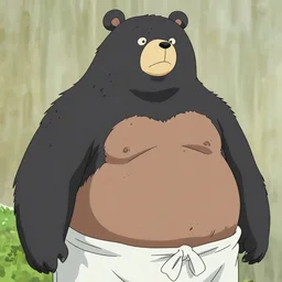 overweight heavily scarred bear with black fur wearing a white loincloth, fursona, anthro, male, anime key visual, detailed fur, makoto shinkai