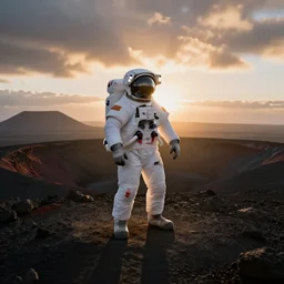 amazing landscape photo of astronaut!!! standing on the volcano crater at sunrise by Charlie Waite and Marc Adamus beautiful dramatic lighting, surrealism