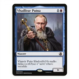 a photo showing a magic the gathering card in it's full glory, depicting vladimir putin as a wizzard, 8 k, ultra realistic,