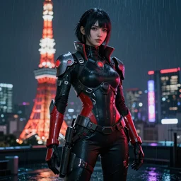 An epic comic hyperrealistic full body shot portrait cg of a cyber warrrior girl wearing futuristic wardrobe, black and reddis, ultradetailed face expression trending on artstation and artbreeder, cyberpunk 2077 color, heavy rainning at tokyo night, neon light rooftop, unreal 5, DAZ, 8k, unreal 5 engine render, cosplay, RPG portrait, final fantasy Vll world concept, dramatic lighting, rim lights, PS5 render quality