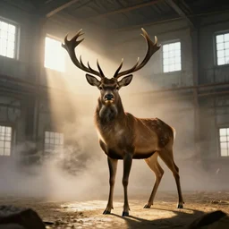 a great deer standing majestic in a large industrial room with small windows, golden light, thick mist, backlit, insane details, hyperrealistic photo by jimmy nelson, trending on artstation, unreal engine