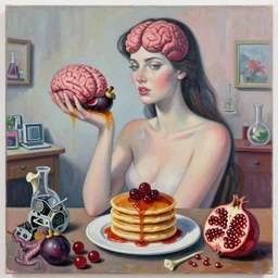 apartment of an art student, sensual portrait of a woman holding a brain, mangosteen, honey dripping, berries dripping juice, pancakes, pomegranate, bones, computer parts, berries, octopus, scientific glassware, neo - expressionism, surrealism, acrylic and spray paint and oilstick on canvas
