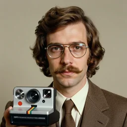 A photograph portrait of Jerma985 with medium length wavy hair, a combover, navigator glasses, and a mustache, and wearing early 1970s menswear in the early 1970s, taken in the early 1970s, grainy, taken on a 1970s Polaroid Camera, realistic, hyperrealistic, very realistic, highly detailed, very detailed, extremely detailed, detailed, digital art, trending on artstation, colorized photo