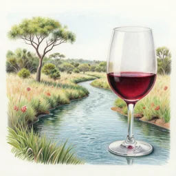 A colored pencil drawing of Karkloof Nature Reserve with a river of red wine, very detailed, realistic