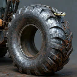 airbrushed mercury coated tire water mocassin snake massive chromed land excavation machine in tire tread mercury alex ross, richard m powers fine art masterpiece baked at 3 0 0 f, matte painting, cold lighting, aged with patina, rusted, panoramic, award winning horror, photorealistic render, cinematic