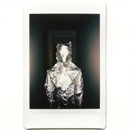 polaroid, person wrapped in aluminum foil, dimly lit hallway
