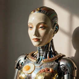 a beautiful cyborg made of full english breakfast ceremonial maske