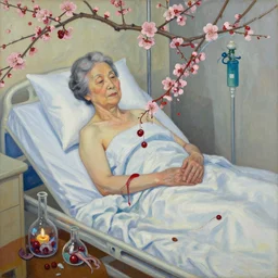 portrait of a japanese old lady in a hospital bed, sensual, plum blossom, squashed berries dripping, octopus, scientific glassware, dripping fruit, wilted flowers, oxygen tank, candlelight, neo - impressionist, surrealism, acrylic and spray paint and oilstick on canvas