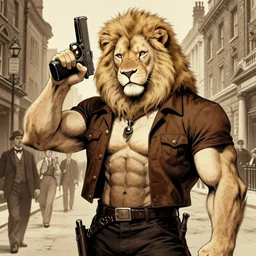 aesthetic portrait commission of a  of a male fully furry muscular anthro albino lion holding a glock close to his head wearing attractive brown and black cotton detectives outfit in vintage 1900's London city, sepia filter. Character design by charlie bowater, ross tran, artgerm, and makoto shinkai, detailed, inked, western comic book art, award winning film poster painting