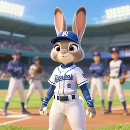 beautiful portrait of a female anthropomorphic rabbit fursona wearing a baseball uniform in a baseball stadium. character design by disney, charlie bowater, ross tran, artgerm, and makoto shinkai, detailed, soft lighting, rendered in octane