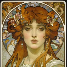 realistic detailed face portrait of Jezebel by Alphonse Mucha, Ayami Kojima, Amano, Charlie Bowater, Karol Bak, Greg Hildebrandt, Jean Delville, and Mark Brooks, Art Nouveau, Neo-Gothic, gothic, rich deep colors