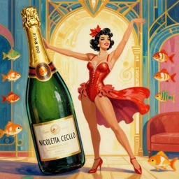 a 1 9 2 0 s cancan dancer with a big bottle of champagne in art deco style, nicoletta ceccoli, mark ryden, lostfish, max fleischer, hyper realistic, artstation, illustration, digital paint, matte paint, vivid colors, bright, cheerful, detailed and intricate environment