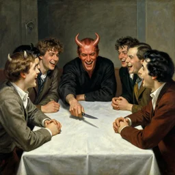 a group of friends sitting and laughing around a table. One of the people at the table has demon horns and is reaching for a knife without anyone noticing. By Max Ernst. By Ismail Inceoglu. By Ralph McQuarrie