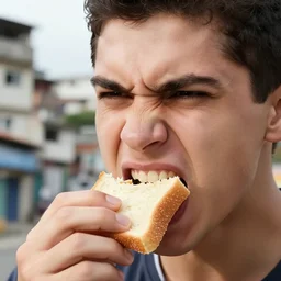 closeup headshot photo of the person who hates bread and is eating bread angrily, favela background by Gregory Crewdson and photography by Laura Pannack, extreme details, Nikon D850, f/3.5, ISO 100