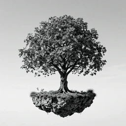 a island that is made of a tree, black and white, high-res