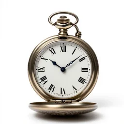 vintage pocket watch, commercial catalog photo, isolated on a pure white background, centered, entire object in frame, sharp focus, soft studio lighting