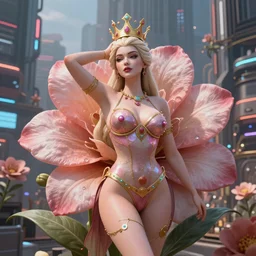 Beautiful 3d render of the flower queen in a sensual pose, in the style of Dan Mumford and Johfra Bosschart, with a crowded futuristic cyberpunk city in the background, astrophotgraphy