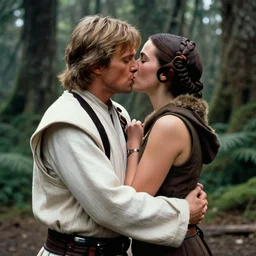 luke skywalker, princess leia and han solo hugging and kissing in the forest of endor at the end of return of the jedi
