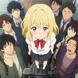 anime cell shaded, anime beige girl wearing school outfit looking down towards camera, winking at camera from the top, looking towards the camera, standing on top of the camera looking down, wlop, ilya kuvshinov, artgerm, krenz cushart, greg rutkowski, hiroaki samura, range murata, james jean, katsuhiro otomo, erik jones