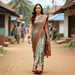 gal gadot walking in the steets of a kerala village wearing a designer saree, cinematic, volumetric lighting, hdr