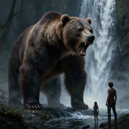 scary picture of a giant grizzly bear roaring at 3 human near a waterfall, demonic, grimdark, dnd, extremely detailed, sharp focus, smooth, oil matte painting, concept art, by franzzeta, vaporwave style, chiaroscuro, trending on artstation!!!