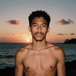 a samoan young adult in his 2 0's, brown complexion, portrait, mustache and large lips, posing in front of a striking sunset, film grain, 3 5 mm film, cinematic, 8 k, 4 k