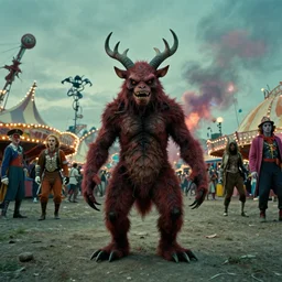 the forbidden creature at the carnival, , film still from the movie directed by Denis Villeneuve with art direction by Jack Kirby, wide lens