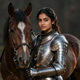 A young Indian female medieval knight, in a suit of armour, next to her horse, photography