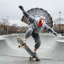 a personified frozen turkey doing tricks on a skate board doing tricks in a skate park