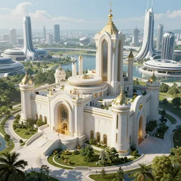 elegant sci - fi castle with white walls overlooking a sleek futuristic city surrounded by greenery, syd mead, luxurious, cinematic, expansive, concept art, matte painting, artstation trending