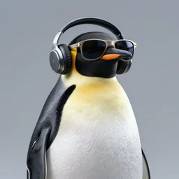 an emperor penguin in the space listening to music and wearing sunglasses, max payne style synthwave art