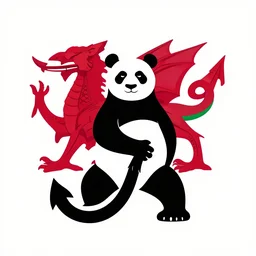 vector art of panda with welsh dragon wings and tail, intercrossed, chimera, welsh flag, adobe illustrator, in - frame