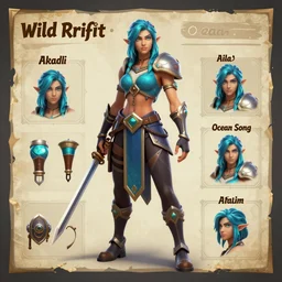 character sheet of Ocean Song Akali (wild rift). 3d render, octane render, realistic, highly detailed, trending on artstation
