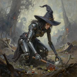 extremely detailed oil painting of a robotic witch scavenging in an apocalyptic fantasy wasteland, art by Greg Rutkowski, cinematic, 4k