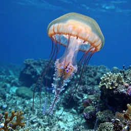 underwater photograph of a jellyfish carrying a human skull with its tentacles on shallow waters, strange, hyper detailed, fractal, mutant, tendrils, tentacles, glowing, tropical, crystal waters, reef