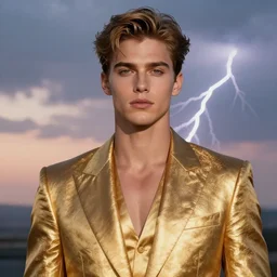 sam hyde wearing luxurious gold suit, sigma male, accurately portrayed, portrait art by martine johanna, highly detailed, illustration, ethereal lighting with twilight rays of lightning, very detailed, smooth, sharp focus, octane render, close up