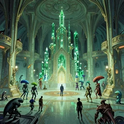 cel shaded cinematic shot of the interior of a sci-fi space station with ornate Elven architecture bustling with various intelligent alien species, epic castle, emerald, crystalline, detailed illustration, sharp focus, clean lines, art by Moebius, Jean Giraud Moebius comic illustration