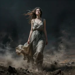 The digital art depicts a woman standing in a field of ashes, her dress billowing in the wind. Her hair is wild and her eyes are closed, and she seems to be in a trance-like state. The digital art is dark and atmospheric, and the ashes in the field seem to be almost alive, swirling around. cyberpunk by Klaus Wittmann apocalyptic
