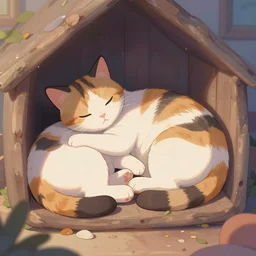 two cute calico cats sleeping inside a cozy home in the evening, two multi - colored calico cats, artstation, cgsociety, storybook art