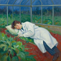 A botanist sleeping in a greenhouse, oil painting, green red and blue color palette, night