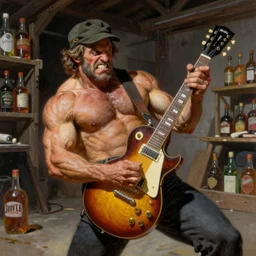muscly grimacing Snake Oil salesman shredding on a Gibson Les Paul in a snake oil warehouse, painting by Frank Frazetta